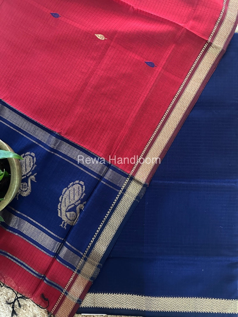 Maheshwari Blue-Red Motifs Top-Dupatta Set MS0110