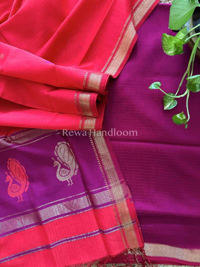 Maheshwari Magenta-Red Peacock Buta-Buti Top-Dupatta Set BTP013