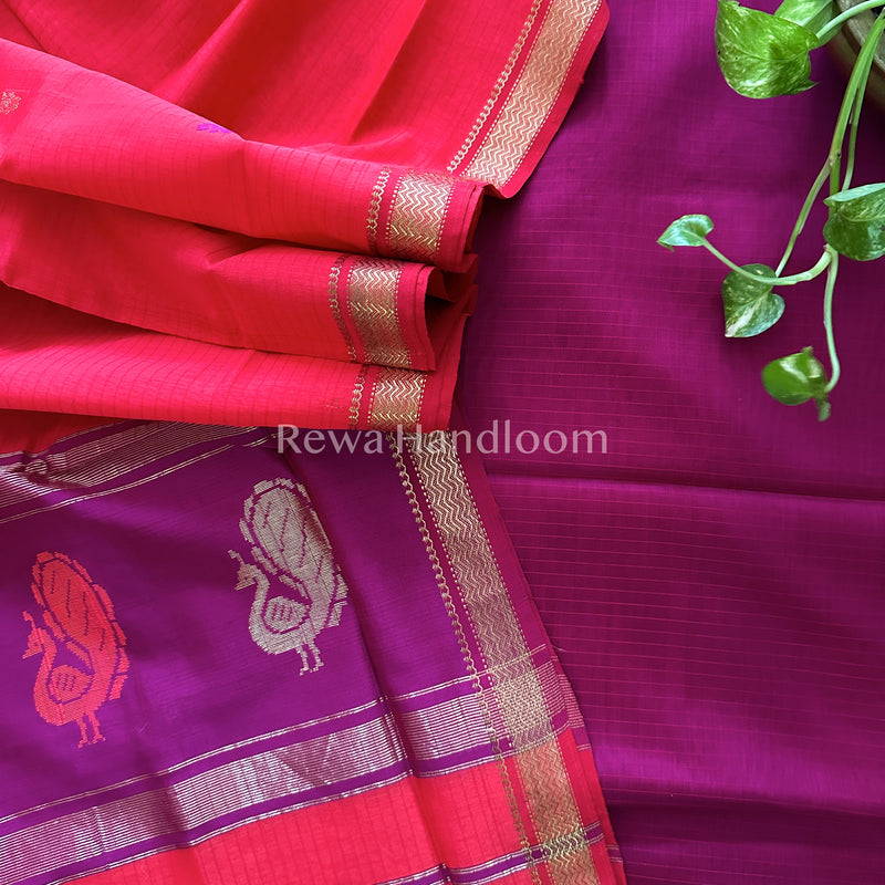 Maheshwari Magenta-Red Peacock Buta-Buti Top-Dupatta Set BTP013