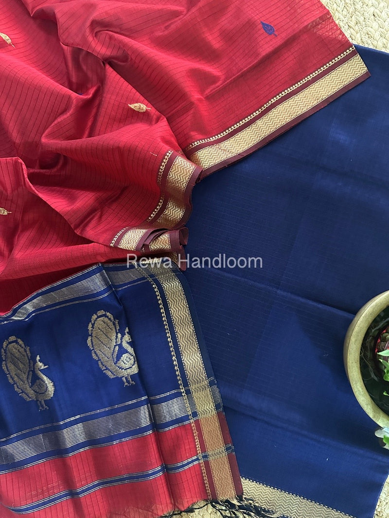 Maheshwari Blue-Red Motifs Top-Dupatta Set MS0110