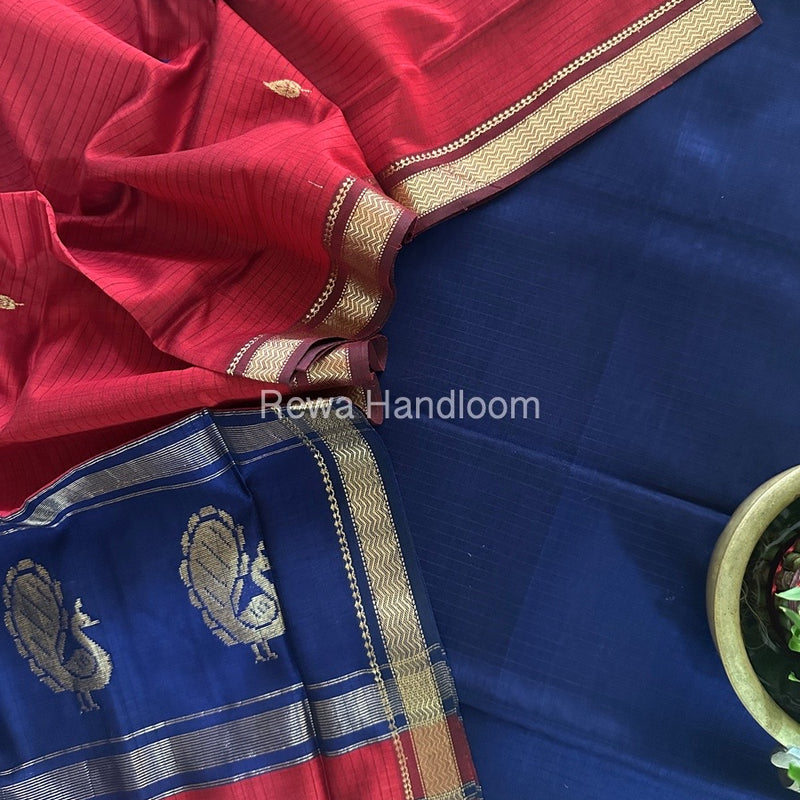 Maheshwari Blue-Red Motifs Top-Dupatta Set MS0110