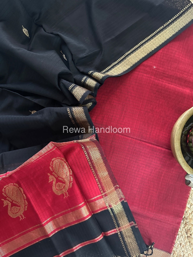 Maheshwari Maroon-Black Motifs Top-Dupatta Set MS060