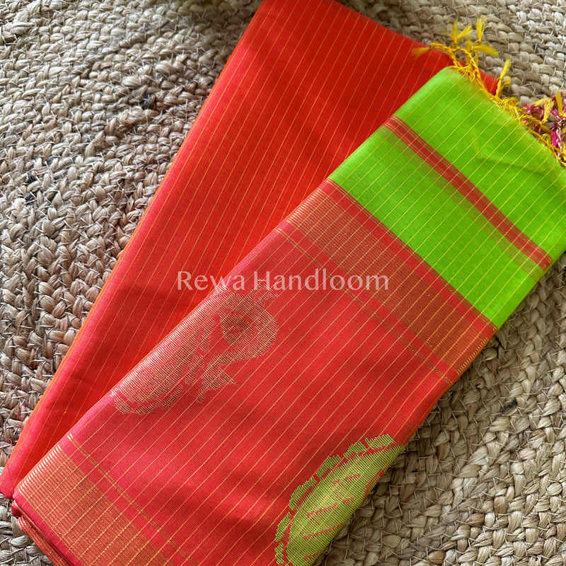 Maheshwari Orange-Parrot Green Peacock Buta-Buti Top-Dupatta Set BTP014