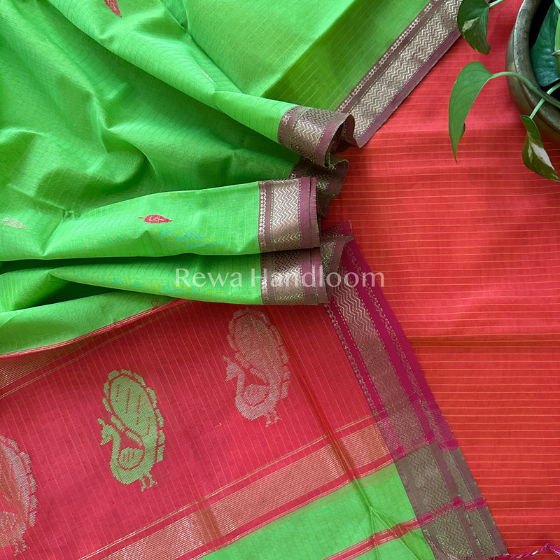 Maheshwari Orange-Parrot Green Peacock Buta-Buti Top-Dupatta Set BTP014