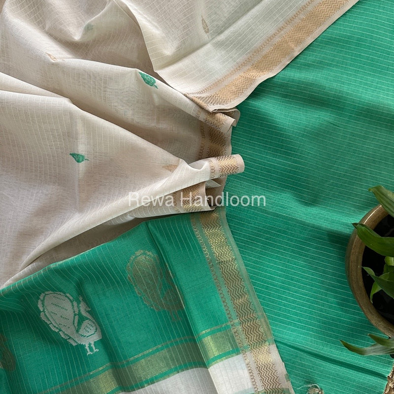 Maheshwari Sea Green-White Peacock Buta-Buti Top-Dupatta Set MS056