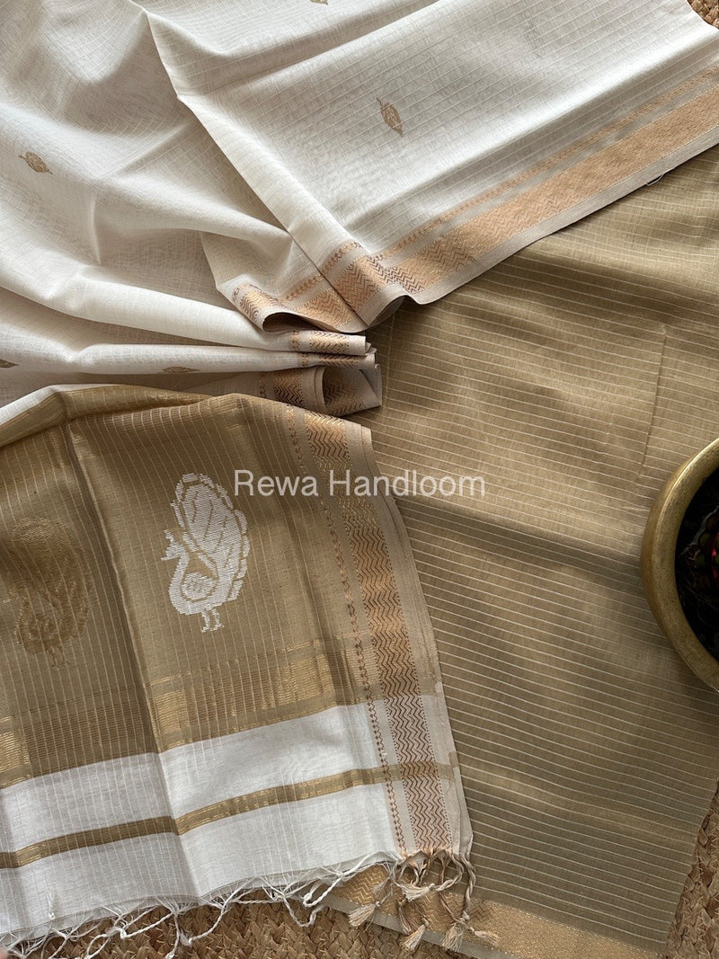 Maheshwari Beige-White Motifs Top-Dupatta Set MS0128