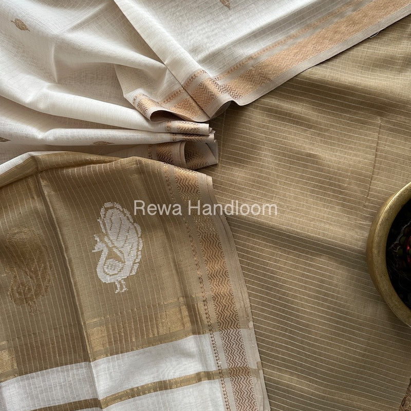 Maheshwari Beige-White Motifs Top-Dupatta Set MS0128