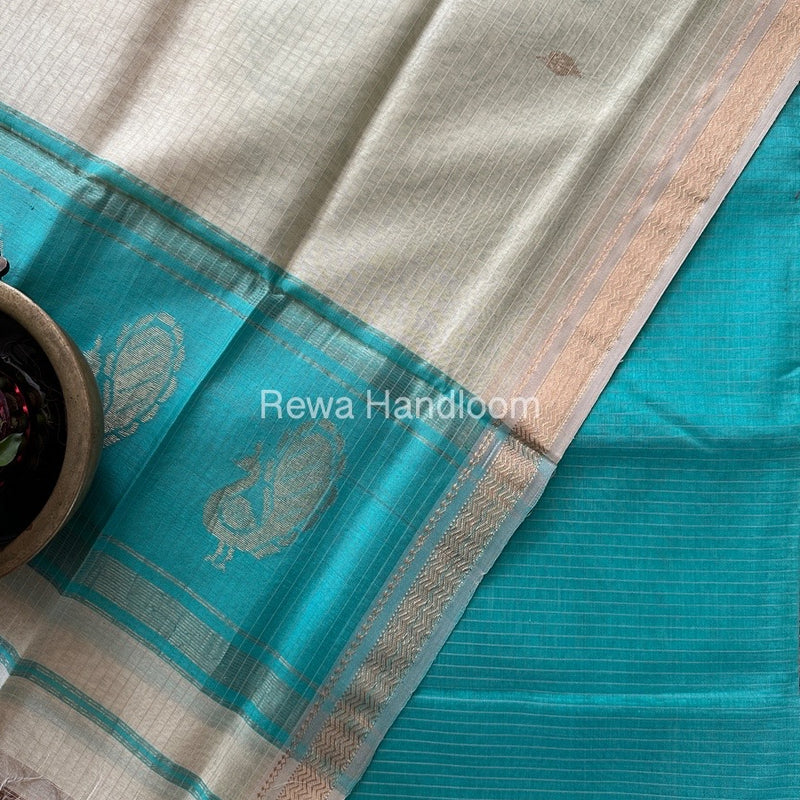 Maheshwari Sky Blue-Off White Motifs Top-Dupatta Set MS073