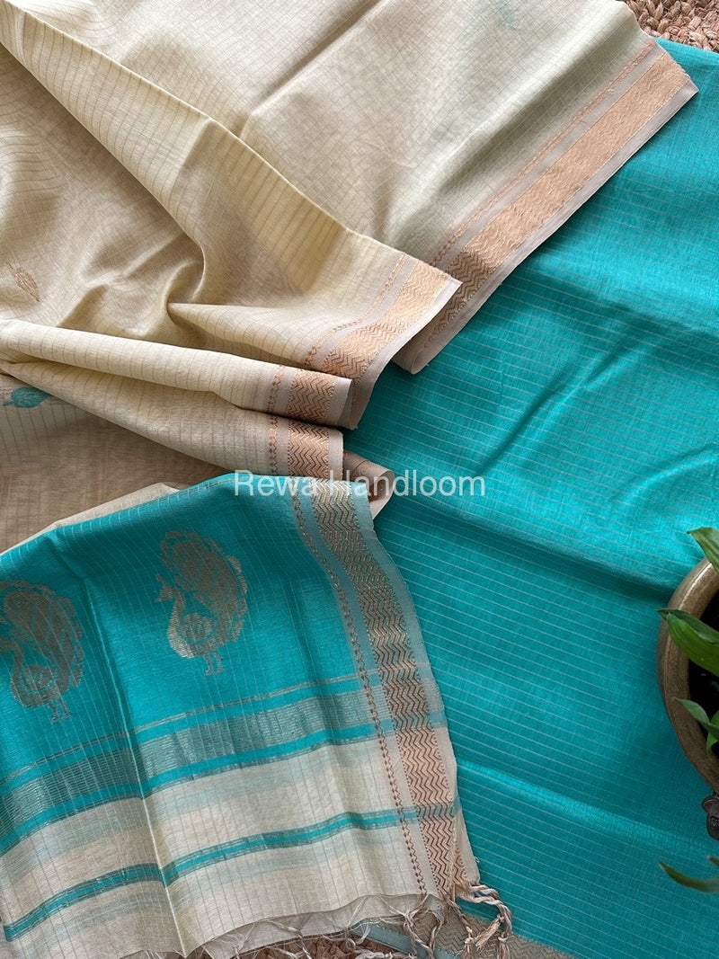 Maheshwari Sky Blue-Off White Motifs Top-Dupatta Set MS073