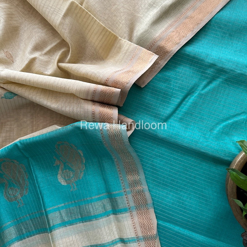 Maheshwari Sky Blue-Off White Motifs Top-Dupatta Set MS073