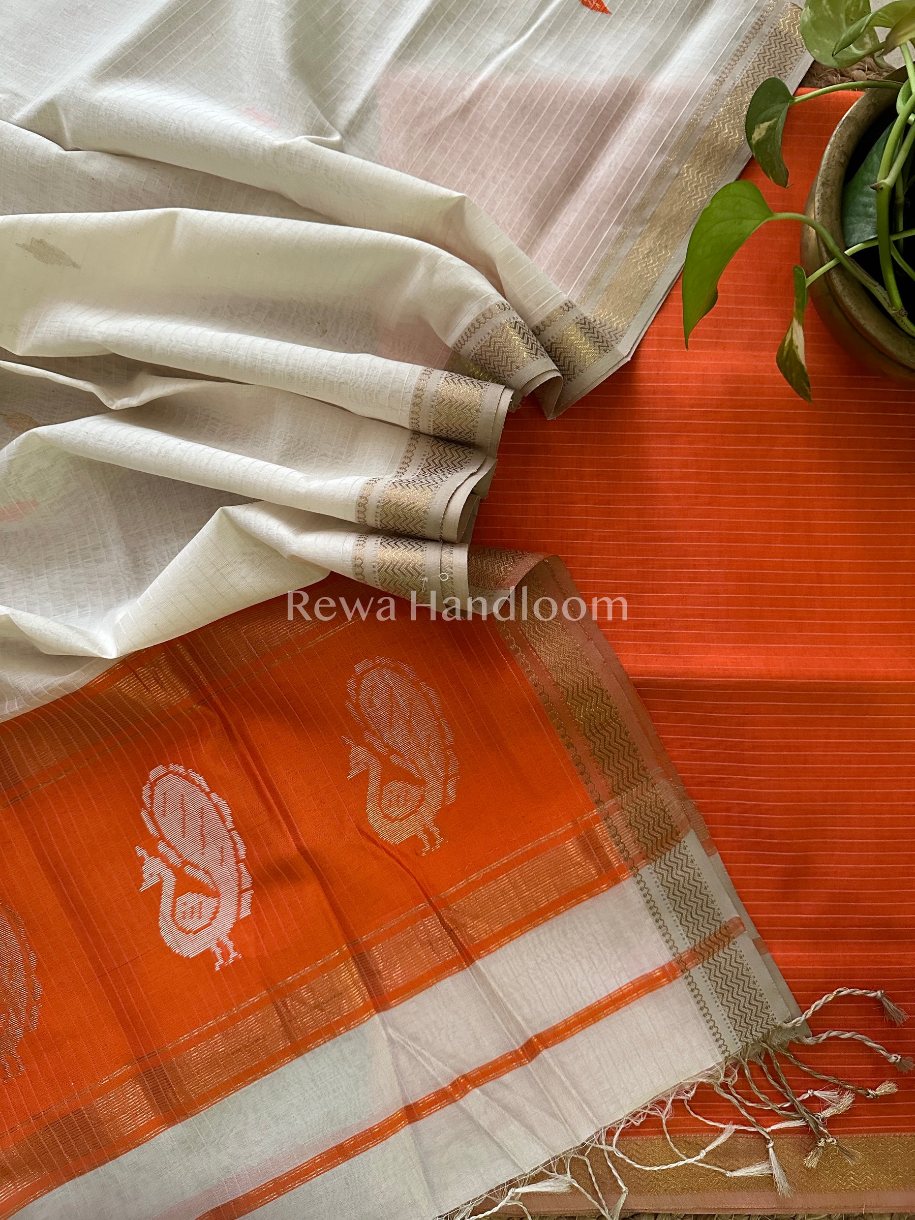 Maheshwari Orange-White Peacock Buta-Buti Top-Dupatta Set-BTP015