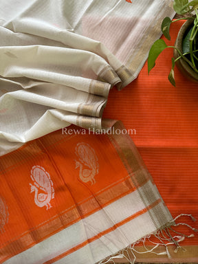 Maheshwari Orange-White Peacock Buta-Buti Top-Dupatta Set-BTP015