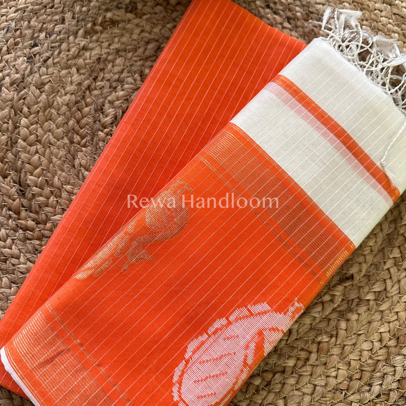 Maheshwari Orange-White Peacock Buta-Buti Top-Dupatta Set-BTP06