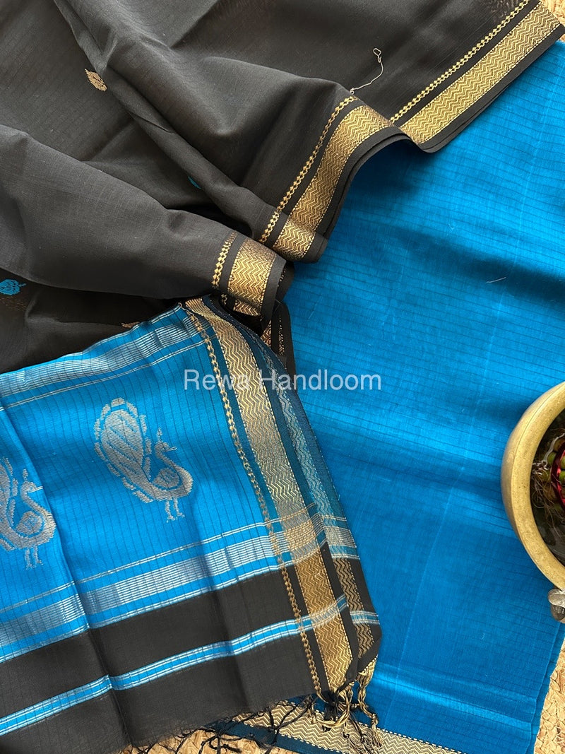 Maheshwari Dark Blue-Black Motifs Top-Dupatta Set MS035