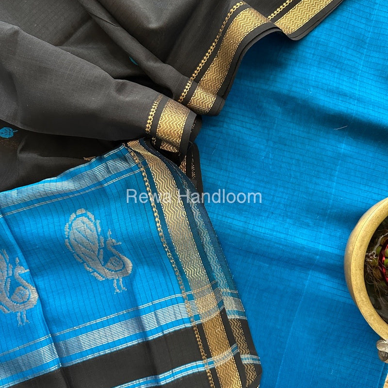 Maheshwari Dark Blue-Black Motifs Top-Dupatta Set MS035