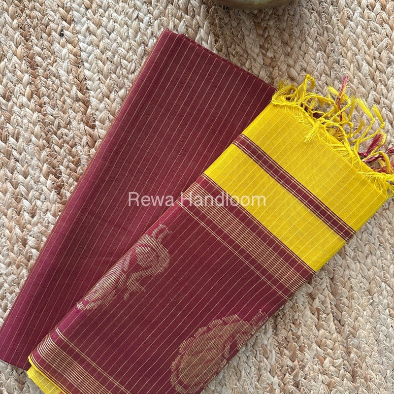 Maheshwari Maroon-Yellow Peacock Buta-Buti Top-Dupatta Set MS059