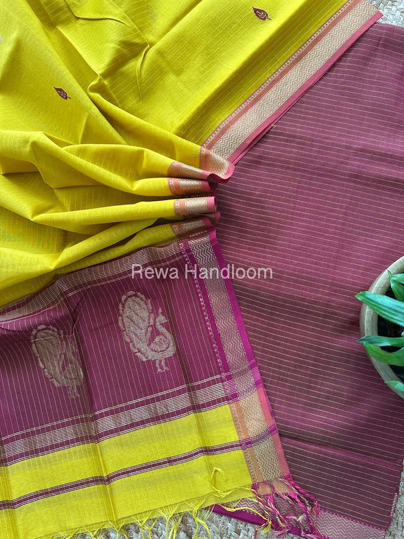 Maheshwari Maroon-Yellow Peacock Buta-Buti Top-Dupatta Set MS059