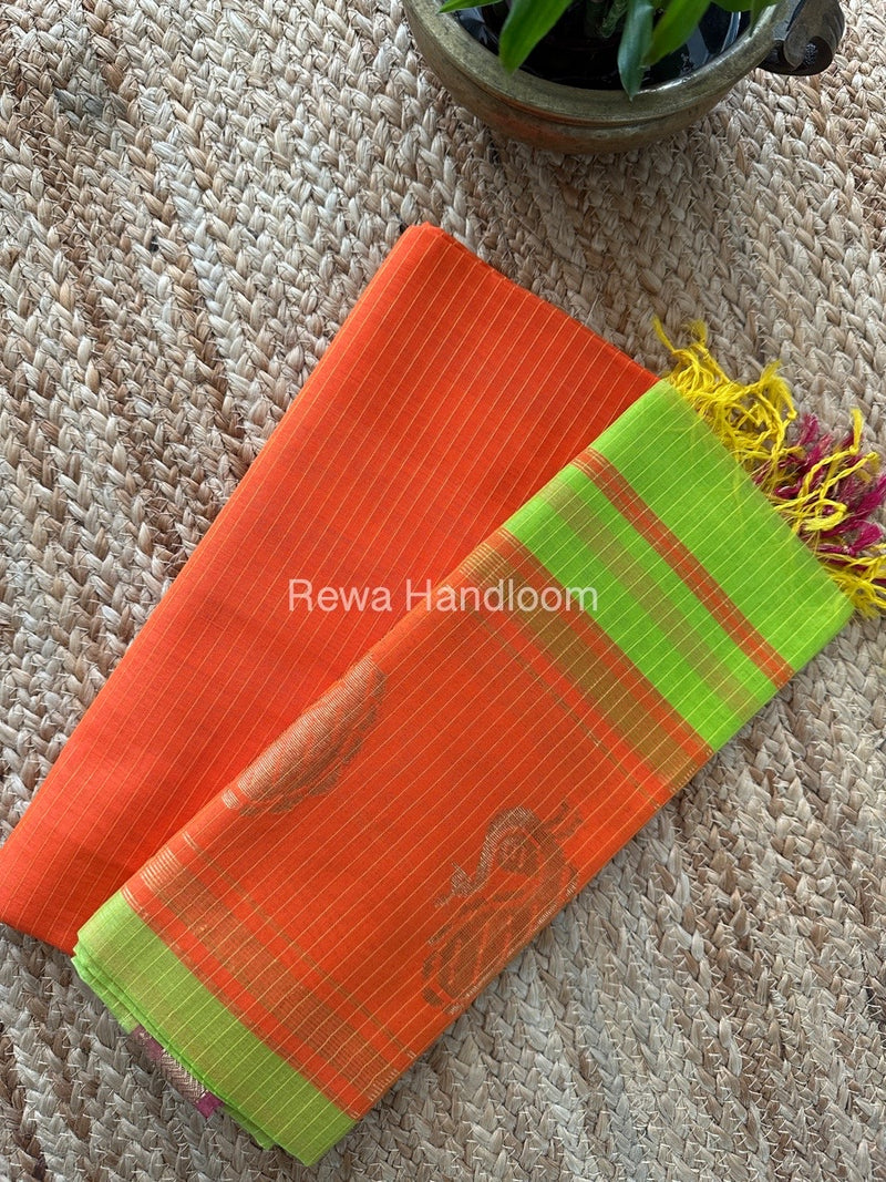 Maheshwari Orange-Parrot Green Peacock Buta-Buti Top-Dupatta Set MS02