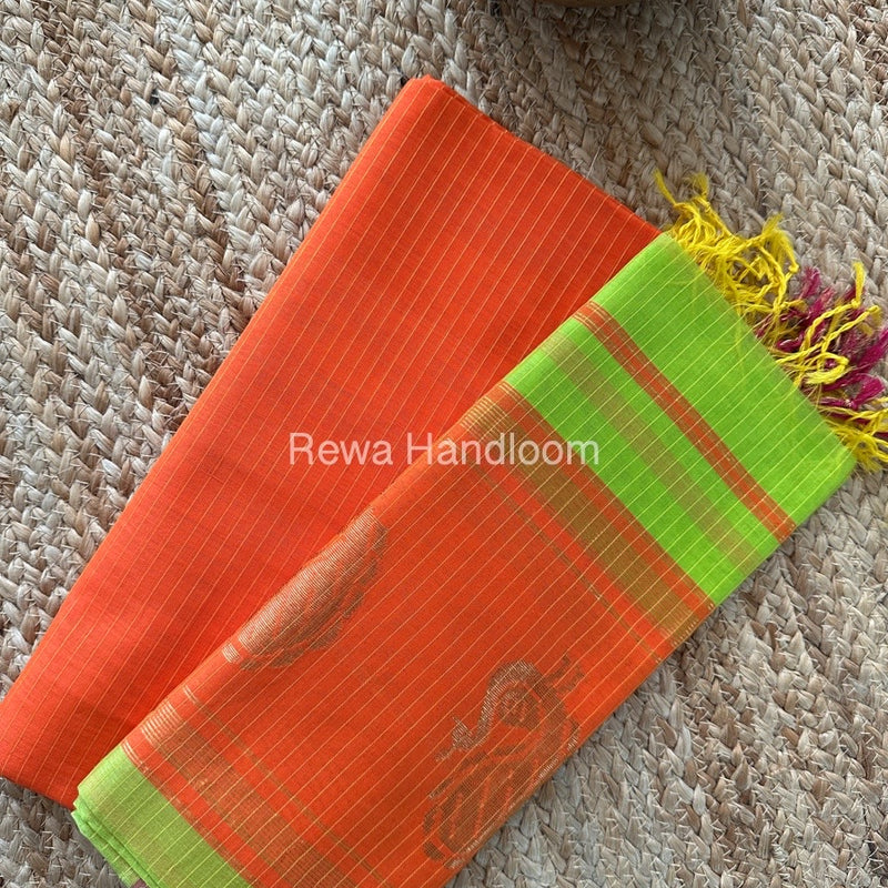 Maheshwari Orange-Parrot Green Peacock Buta-Buti Top-Dupatta Set MS02