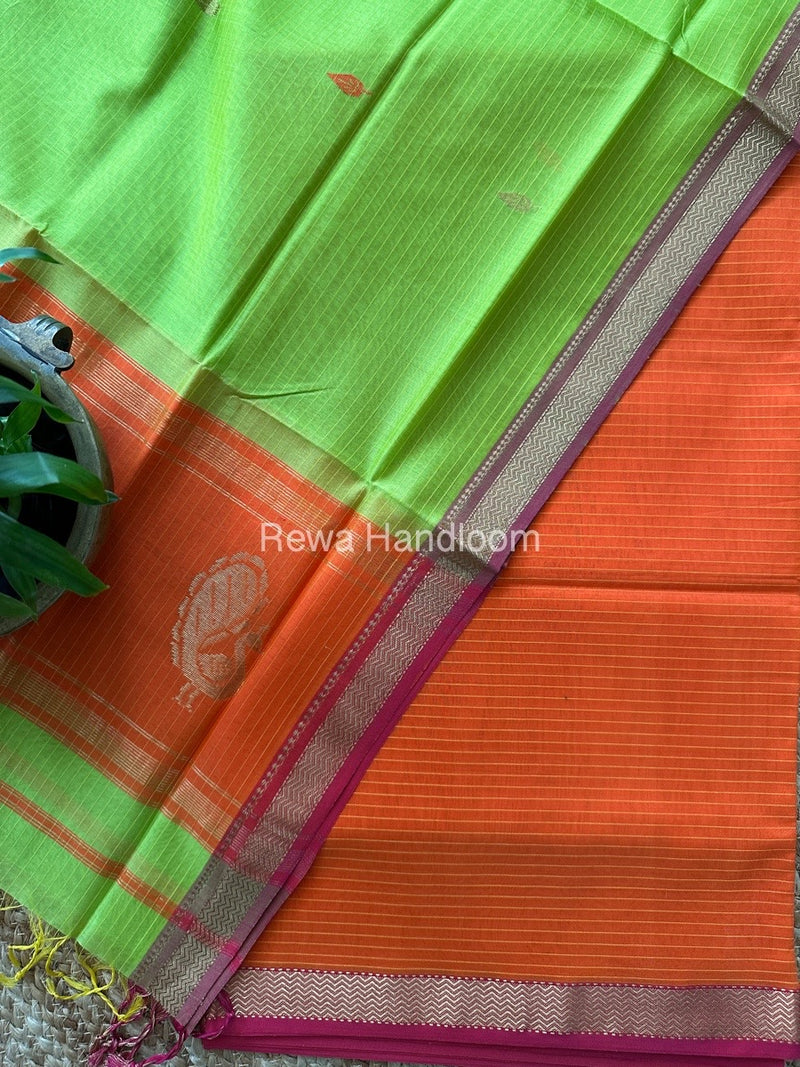 Maheshwari Orange-Parrot Green Peacock Buta-Buti Top-Dupatta Set MS02