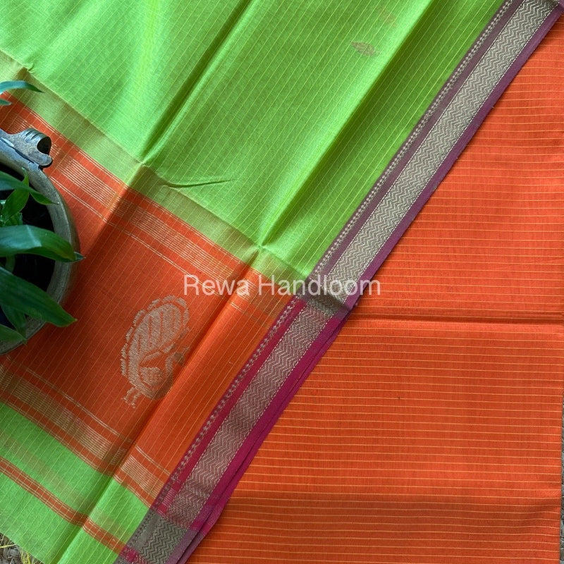 Maheshwari Orange-Parrot Green Peacock Buta-Buti Top-Dupatta Set MS02
