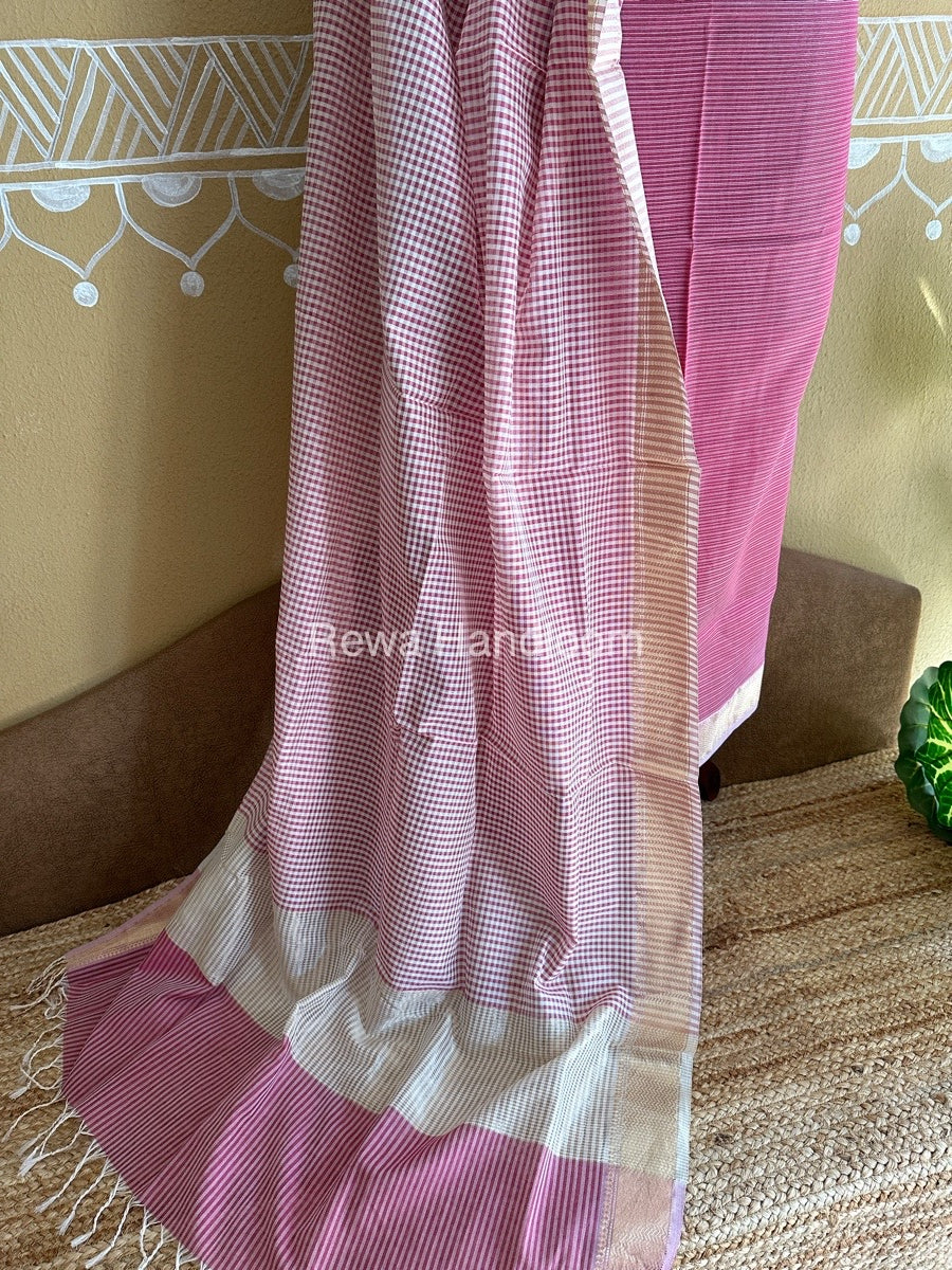 Maheshwari Rani Pink Checks Dress Material CPT28