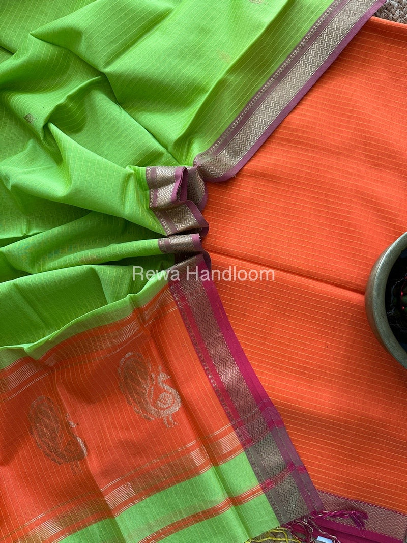 Maheshwari Orange-Parrot Green Peacock Buta-Buti Top-Dupatta Set MS02