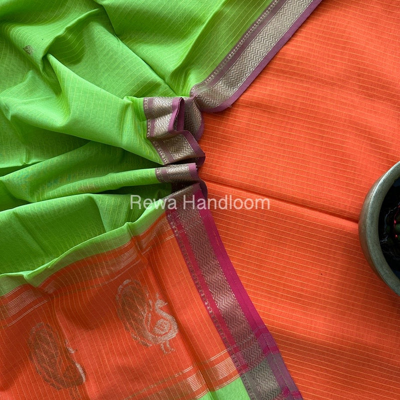 Maheshwari Orange-Parrot Green Peacock Buta-Buti Top-Dupatta Set MS02