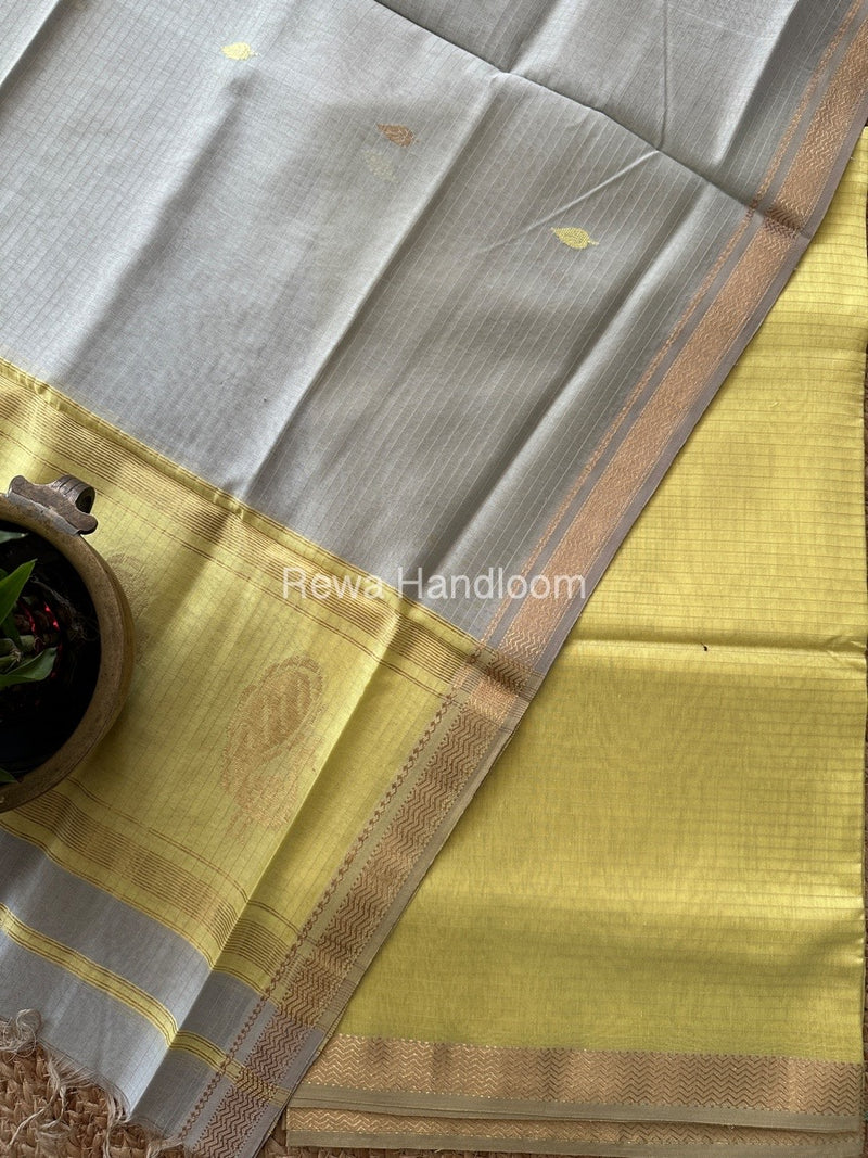Maheshwari Light Yellow-Grey Motifs Top-Dupatta Set MS052