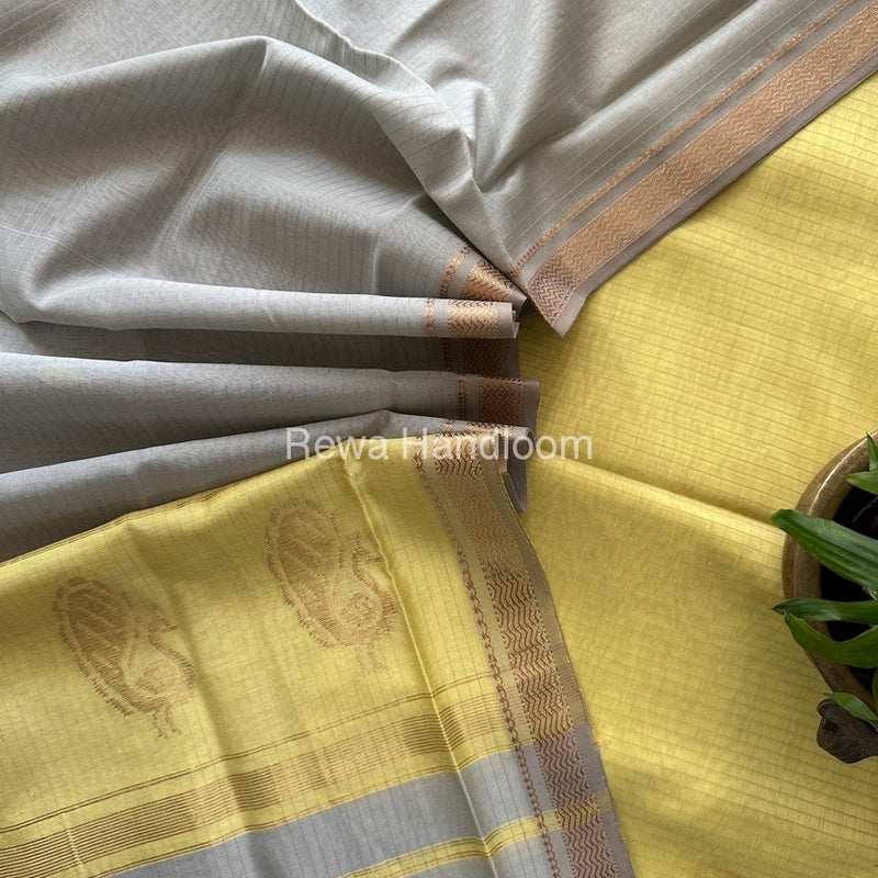 Maheshwari Light Yellow-Grey Motifs Top-Dupatta Set MS0133