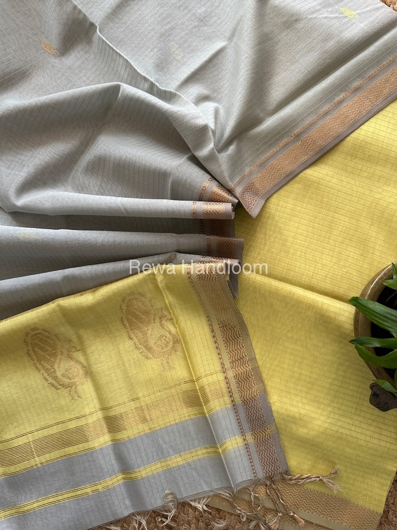 Maheshwari Light Yellow-Grey Motifs Top-Dupatta Set MS052