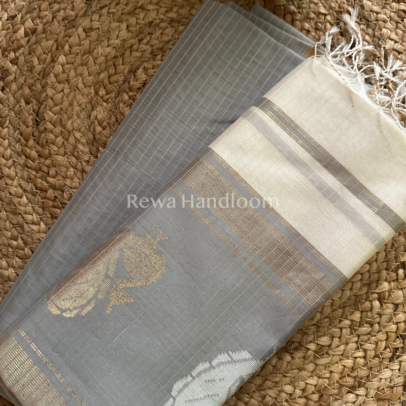 Maheshwari Grey-White Peacock Buta-Buti Top-Dupatta Set-BTP018