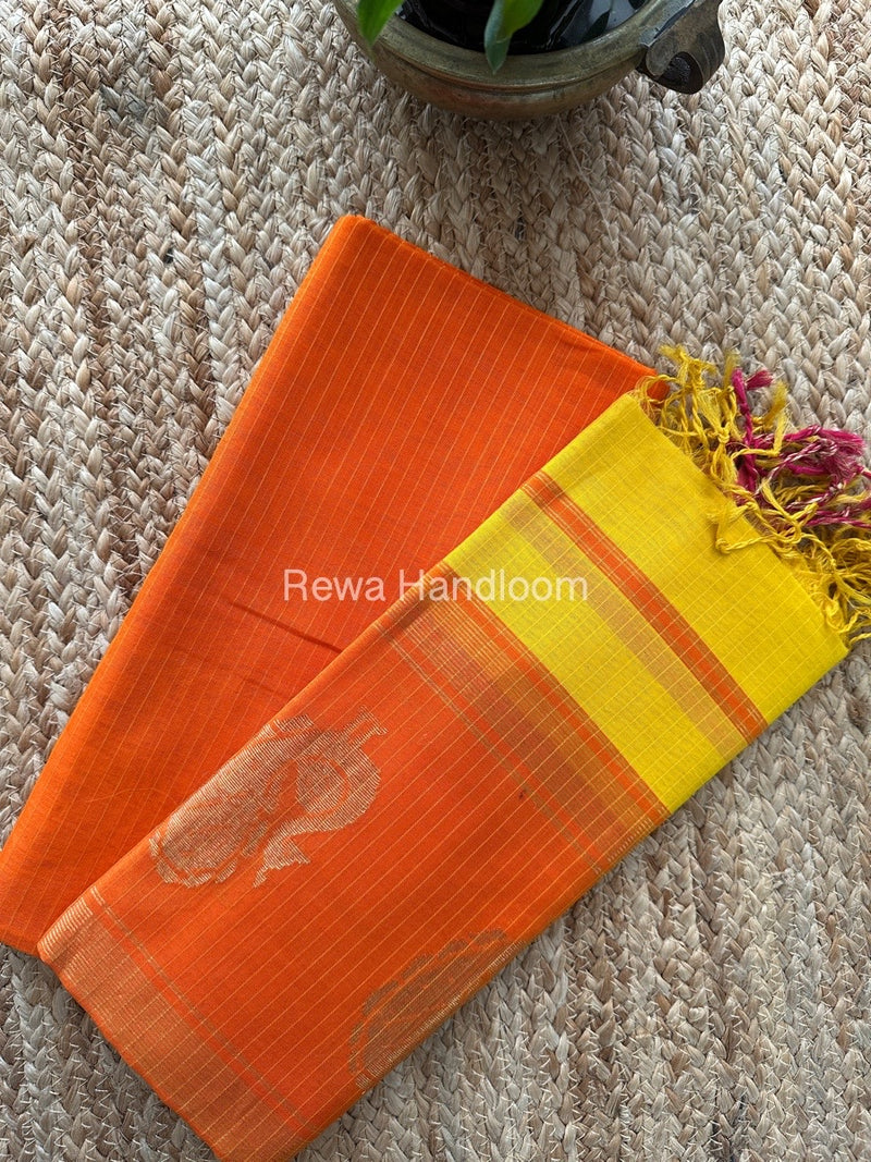 Maheshwari Orange-Turmeric Yellow Peacock Buta-Buti Top-Dupatta Set MS04