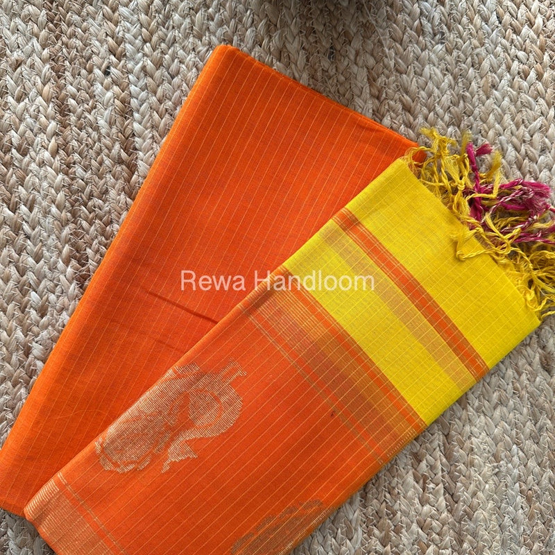 Maheshwari Orange-Turmeric Yellow Peacock Buta-Buti Top-Dupatta Set MS04