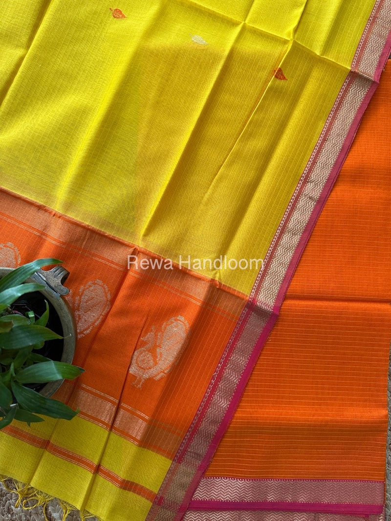 Maheshwari Orange-Turmeric Yellow Peacock Buta-Buti Top-Dupatta Set MS04