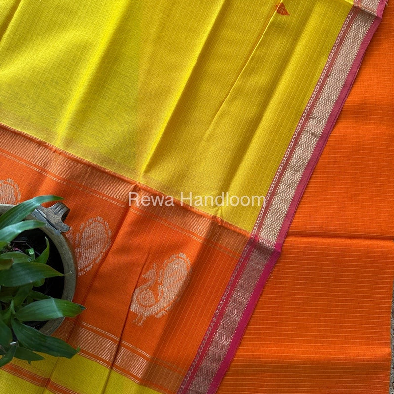 Maheshwari Orange-Turmeric Yellow Peacock Buta-Buti Top-Dupatta Set MS04