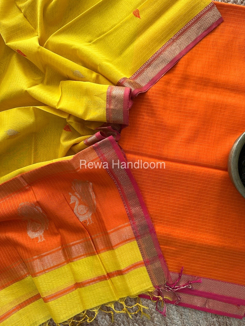 Maheshwari Orange-Turmeric Yellow Peacock Buta-Buti Top-Dupatta Set MS04