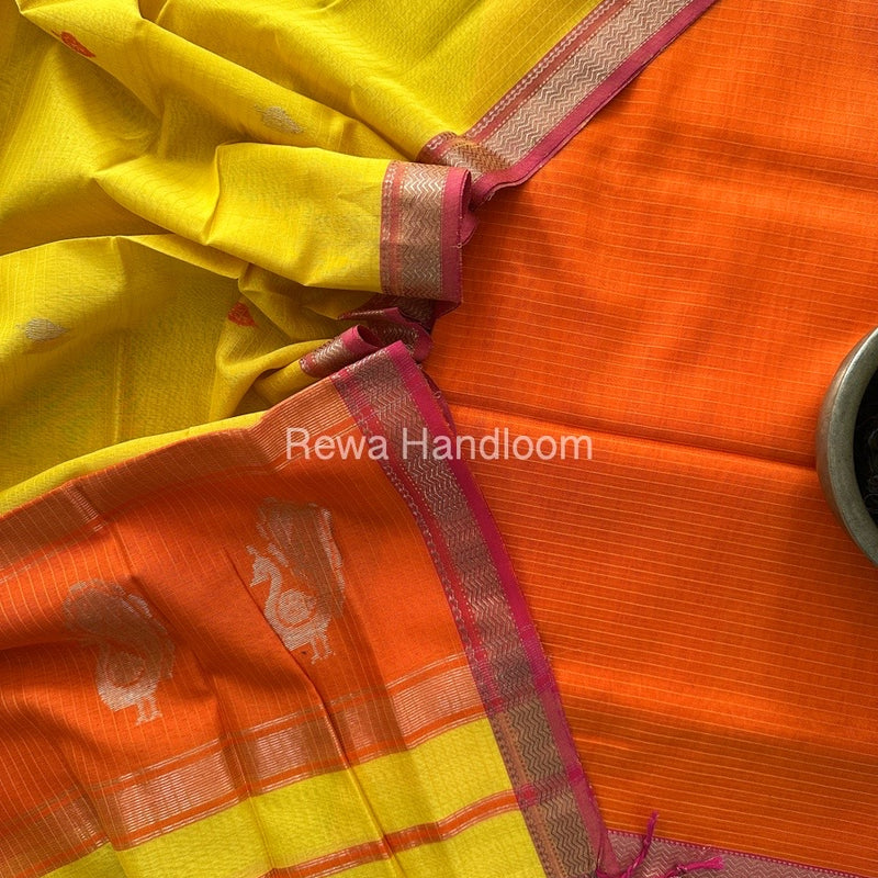 Maheshwari Orange-Turmeric Yellow Peacock Buta-Buti Top-Dupatta Set MS04