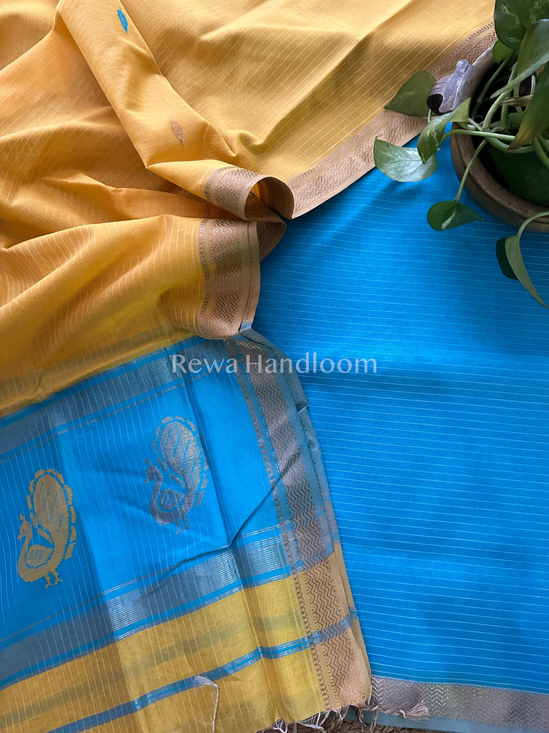Maheshwari Firozi-Yellow Peacock Buta-Buti Top-Dupatta Set BTP019