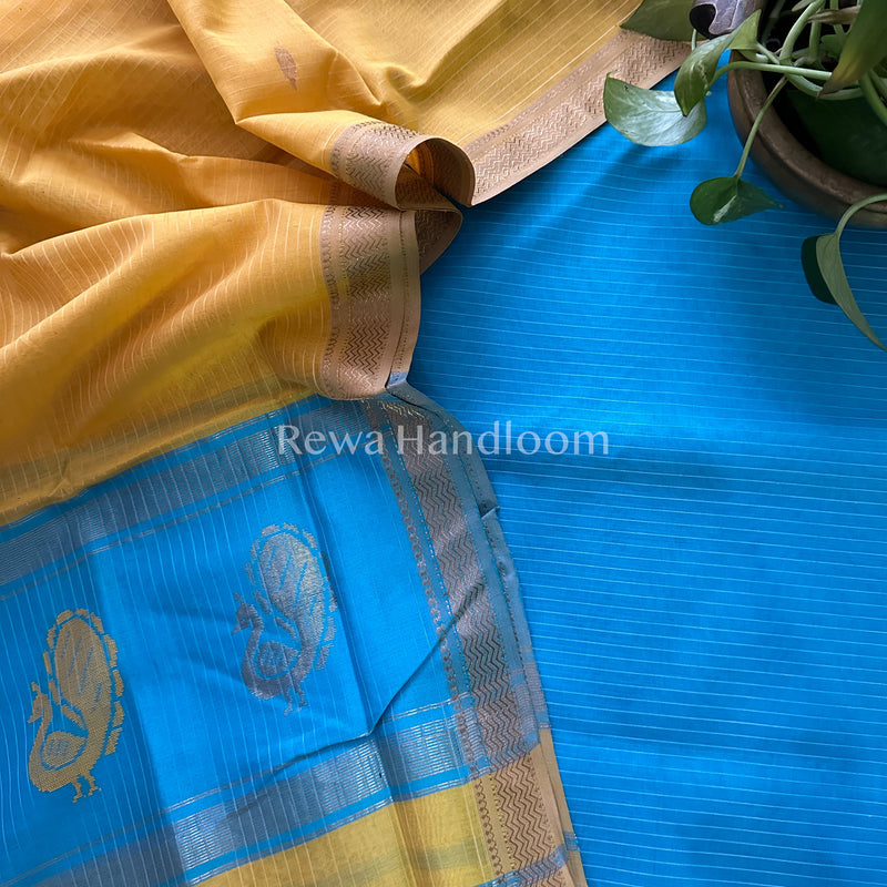 Maheshwari Firozi-Yellow Peacock Buta-Buti Top-Dupatta Set BTP019