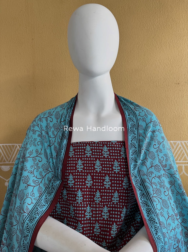 Maroon-Sky Blue Bagh Print Cotton Suit BGCSJ0181