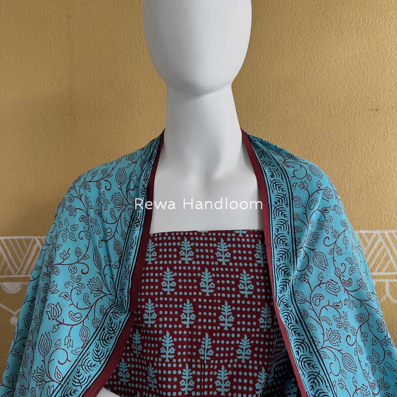 Maroon-Sky Blue Bagh Print Cotton Suit BGCSJ0181