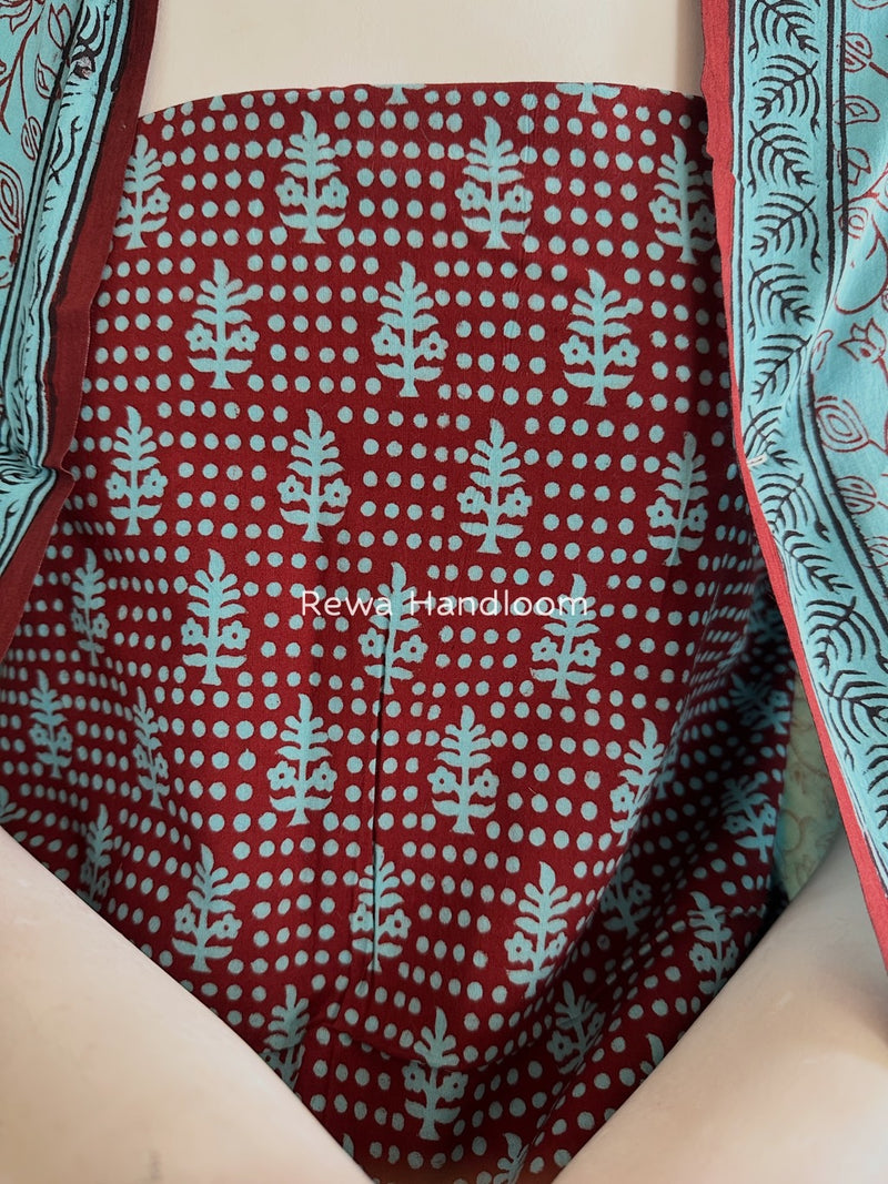 Maroon-Sky Blue Bagh Print Cotton Suit BGCSJ0181