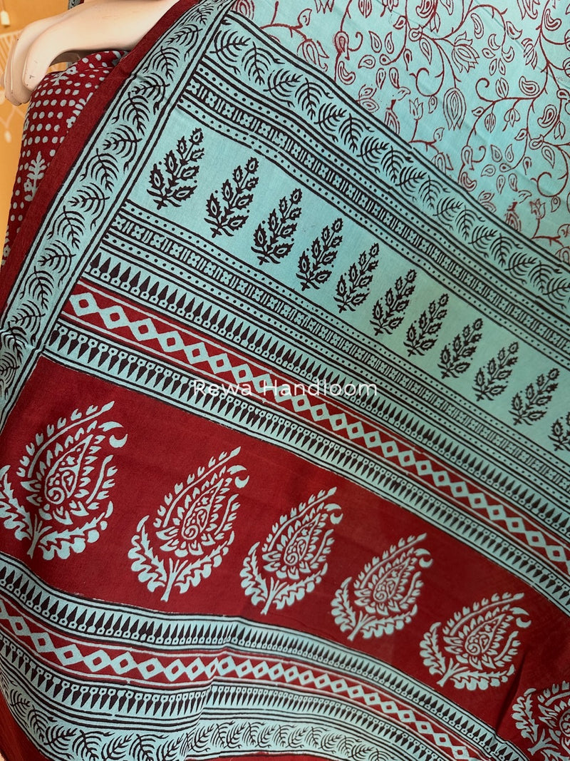 Maroon-Sky Blue Bagh Print Cotton Suit BGCSJ0181