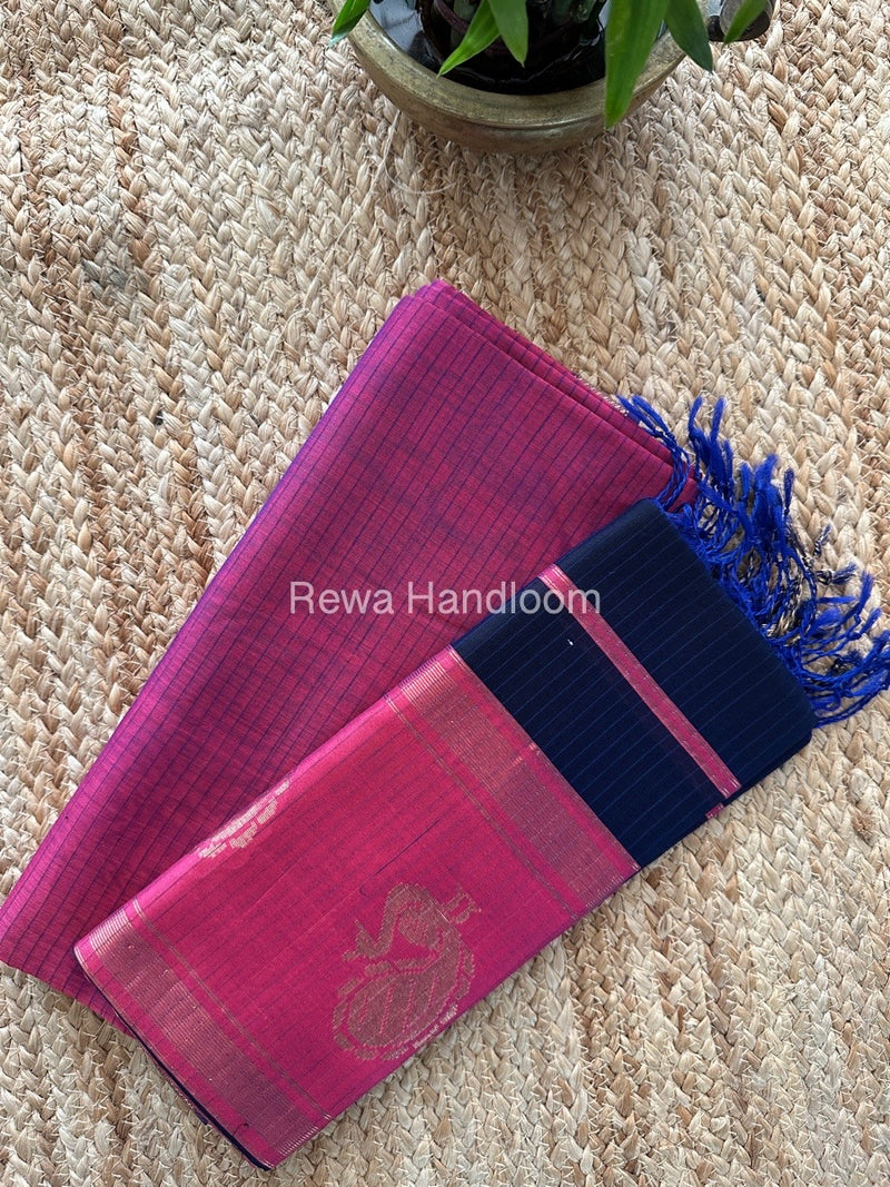 Maheshwari Magenta-Navy Blue Peacock Buta-Buti Top-Dupatta Set MS027
