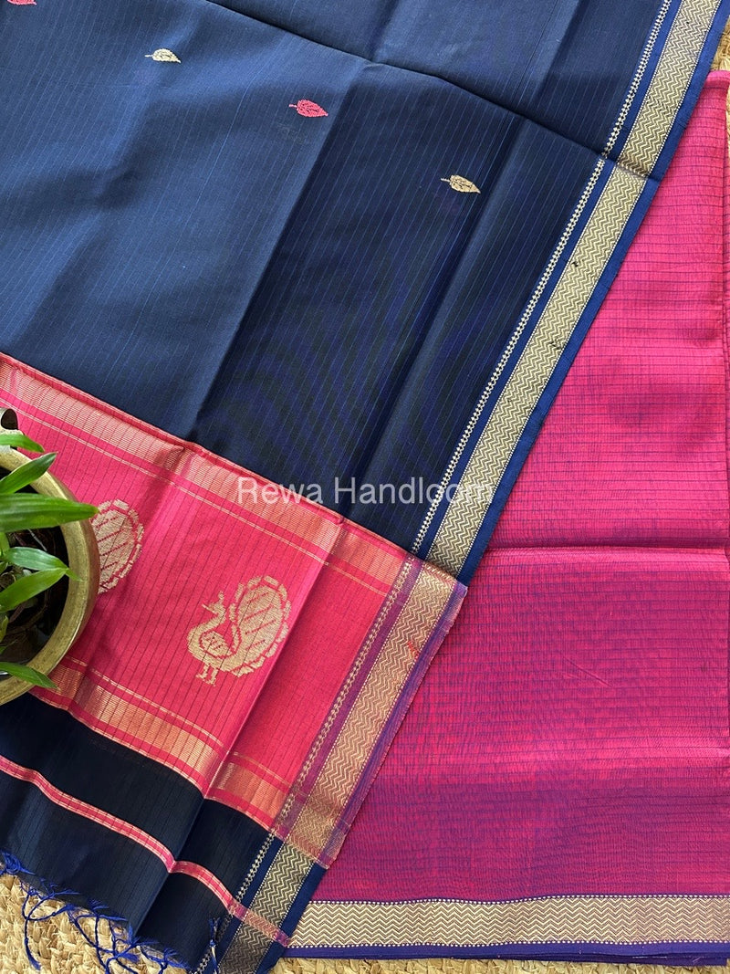 Maheshwari Magenta-Navy Blue Peacock Buta-Buti Top-Dupatta Set MS027