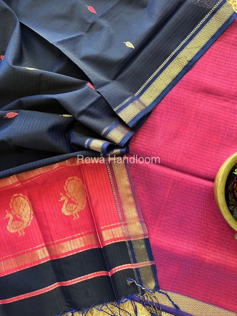 Maheshwari Magenta-Navy Blue Peacock Buta-Buti Top-Dupatta Set MS027
