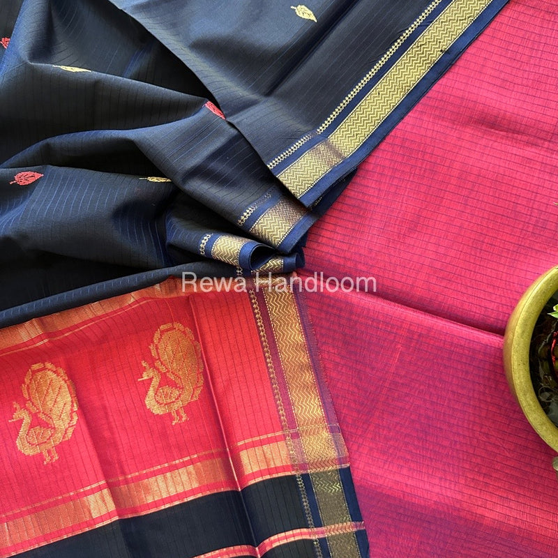 Maheshwari Magenta-Navy Blue Peacock Buta-Buti Top-Dupatta Set MS027