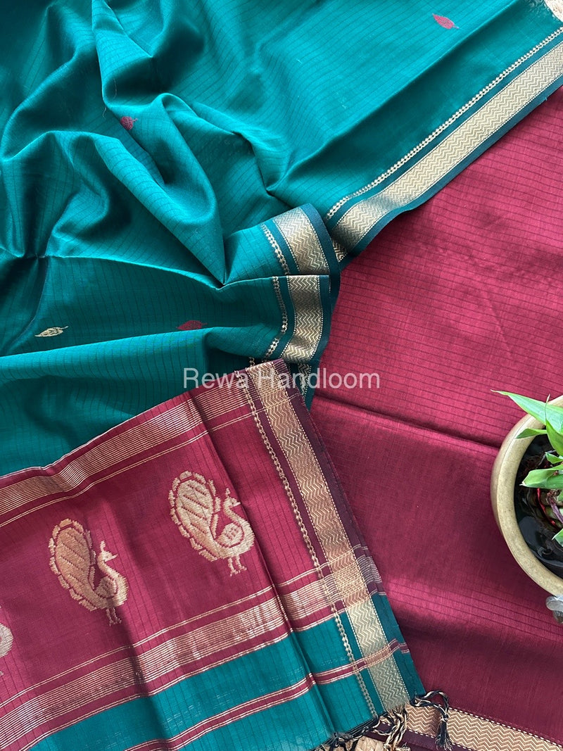 Maheshwari Maroon-Rama Green Motifs Top-Dupatta Set MS0129