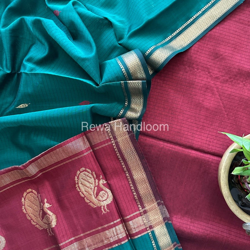 Maheshwari Maroon-Rama Green Motifs Top-Dupatta Set MS0129